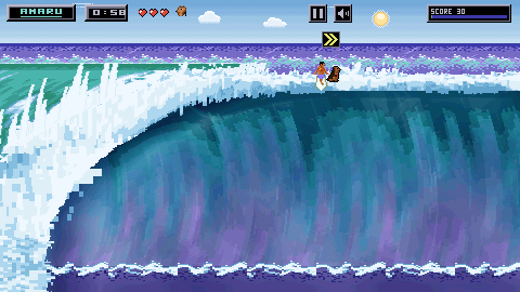 Gameplay: the surfer just off the lip with Amaru on the nose, and a yellow double chevron pointing right in a chip under the pause and mute plates at the top of the screen.
