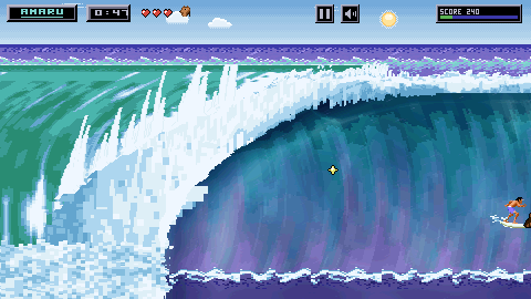 The same heat at 0:47 with nobody in the tube: the whitewater has taken a third of the screen and the surfer has been pushed out to the shoulder on the right.