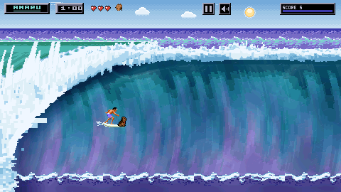 Gameplay at the start of a heat, the clock on 1:00: the whitewater is a narrow strip against the left edge of the screen and the rest of the teal face is open water.