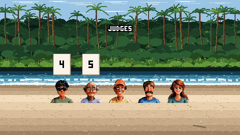 Five pixel-art judges on a palm-lined beach under the word JUDGES: a young man in round dark sunglasses, a smiling bald old man, a grinning young man in an orange cap, a man with a thick moustache and a young woman with long auburn hair. The first two hold up cards reading 4 and 5.
