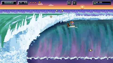 Gameplay at sunset: the surfer carves across the upper face of a teal wave with Amaru on the nose, heading back towards the whitewater curtain that fills the left of the screen. Gold stars sit above the lip.