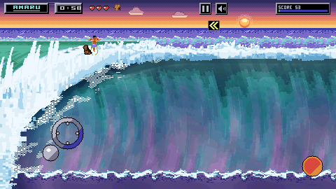Gameplay at sunset with the touch controls showing: the surfer and Amaru in the air just above the lip, mid-spin. Bottom left, the stick: a grey ring where the left thumb landed, with its knob pushed out past the ring, down and to the left. Bottom right, the round action button, red because a thumb is holding it. At the top, a yellow double chevron pointing left hangs under the pause and mute plates.