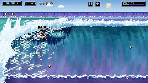 Gameplay: the surfer and Amaru inside the barrel near the top of the face, already pointing right on the turn out of the pocket, under a torn white veil of dithered spray pouring out of the whitewater curtain, with a TUBE chip over their heads.