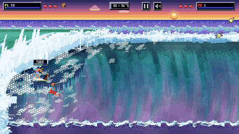A two-rider heat at sunset: a score plate for each player at the top of the screen, player one inside the barrel under a veil of spray with a TUBE chip overhead, and player two on a red board just below.